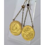 Two George V half sovereigns mounted as earrings