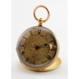 18ct gold cased open face pocket watch. The gilt dial with black roman numerals (faded). Approx 36mm