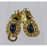 18ct yellow gold sapphire and diamond stud earrings with post and clip fittings, weight 9.7g