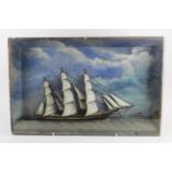 Wooden model of a three masted sailing ship, circa early to mid 20th Century, contained in a