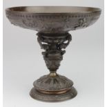 Bronze dish on a pedastal base, decorated with a classical theme, circa late 19th to early 20th