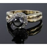 10ct Gold Ring with central 0.75ct Black Diamond with white diamond shoulders size L weight 3.7g