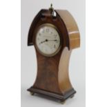 Mahogany mantle clock, with brass finial and feet, white enamel dial with Arabic numerals, dial