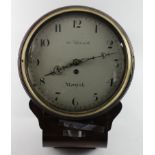 Norwich interest. Mahogany cased fusee wall clock, circa 19th Century, white enamel dial with
