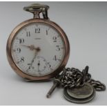 Silver Omega open face pocket watch, white enamel dial with Arabic numerals and secondary dial,