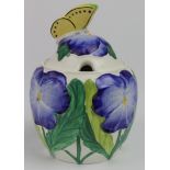 Minton preserve pot with butterfly to lid, height 12cm, diameter 9cm approx.