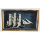 Wooden model of a three masted sailing ship, circa early to mid 20th Century, contained in a