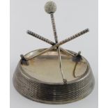 Golfing interest. An unusual silver golf related ashtray, mounted with three golf clubs and ball,