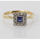 18ct yellow gold square sapphire and diamond cluster ring, finger size M weight 2.5g