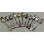 Eleven silver teaspoons includes Georgian & Victorian examples. Weighs 6 3/4oz. Approx.