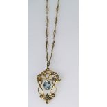 9ct Gold Art Nouveau Drop Pendant with Aquamarine and Seed Pearls on a contemporary chain weight 6.