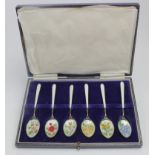 Silver & enamel set of six teaspoons, ornately decorated with a floral pattern, hallmarked 'C&C,