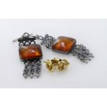 18ct Gold Diamond set Earrings weight 4.2g plus white metal Amber set Earrings