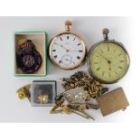 Mixed assortment to include two pocket watches (one silver), 9ct bar brooch , USA gold dollar