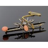 Yellow metal Bee Bar Brooch set with Diamonds, Coral and Rubies with a safety chain weight 5.1g