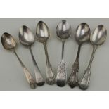 Six silver dessert spoons includes three Georgian, two Victorian and one other. Various