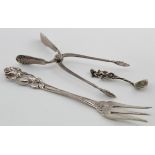 Three Pieces of Spanish flatware (915 grade) comprising sugar tongs , salt spoon & a fork. Weight