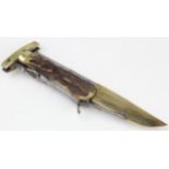 Folding hunting knife, with horn handle & brass scabbard, circa early 20th Century (or earlier),
