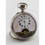 Hebdomas eight day silver cased pocket watch, the pink and white dial with visible balance. Not