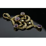 9ct Gold Art Nouveau style Amethyst and Seed Pearl Drop Pendant brooch weight 3.3g