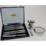 Mixed lot of silver and silver mounted items, includes six silver handled cake knives, M. of P.