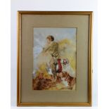 Watercolour & gouache, depicting a young boy hunting for pheasants with two dogs by his side,