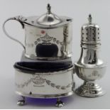 Three piece silver cruet set comprising a salt, pepper & mustard (includes two blue glass liners)
