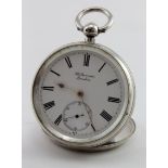 Silver open face pocket watch by Benson. Hallmarked London 1896. The white dial with roman numeals