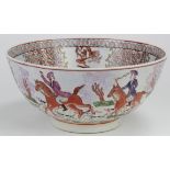 Large Chinese hand painted punch bowl, depicting two men on horseback surrounded by dogs, circa 19th