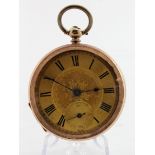 Gents 9ct cased open face pocket watch. The gilt dial with Roman numerals and subsidiary dial at 6