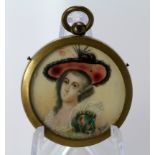 18thC Portrait miniature of a lady wearing a wide brim red hat and green dress. Signed. Measures