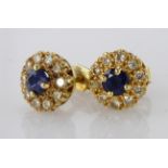 Yellow gold sapphire and diamond cluster stud earring, weight 2.2g