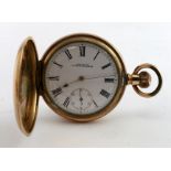 Gents gold plated full hunter pocket watch by "Waltham" circa 1903. The white dial with black