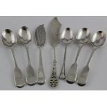 Mixed lot of silver flatware (seven items) includes four Victorian egg spoons, two butter knives and