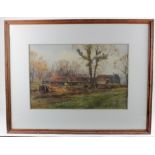 Large watercolour, depicting a Farm with church in the background, signed by artist to lower left
