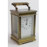Brass five glass carriage clock, key present, not working, height 13cm approx.