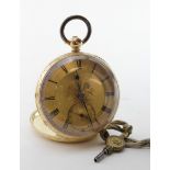 Gents 18ct gold cased open face pocket watch. The gilt dial with black roman numerals and subsidiary