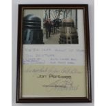 BBC Third Doctor Who, Jon Pertwee Signed compliment slip with studio photograph in a glazed frame