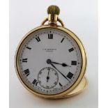 Gents 9ct gold cased open face pocket watch by Benson, hallmarked London 1932. The white dial with