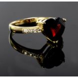 18ct yellow gold ring set with heart shaped garnet with diamond shoulders, finger size N, weight 3.
