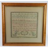 Childs sampler, circa 19th Century, decorated with poetry, alphabet etc., named 'Kim Gardner, Aged