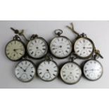Eight Gents silver open face pocket watches to include Victorian examples. Average 50mm dia, all AF