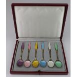 Six Danish silver & enamel teaspoons by Frigast, contained in original fitted case