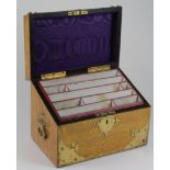 Olive ash burr (/) stationary box with brass mounts & handles, floral enamel plaque to lid, brass