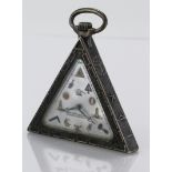 Silver Masonic watch of triangular shape. The enamelled mother of pearl dial showing Masonic motifs,