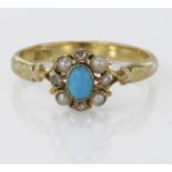 18ct Gold Turquoise,Seed Pearl and Diamond Ring size O weight 3.1g