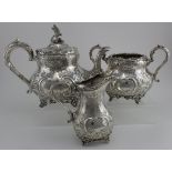 Edwardian silver three piece tea set, by James Deakin & Sons, Sheffield 1902, approx 48¼oz. Engraved