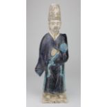 Large Chinese ming dynasty circa 1368-1644 AD blue glazed attendant, 330mm