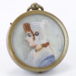 18thC Portrait miniature of a lady wearing a white lace bonnet and lace trimmed blue dress.