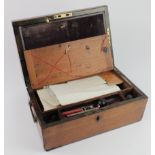 Writing slope with inlaid decoration to lid, draw beneath, circa 19th Century, with some contents,